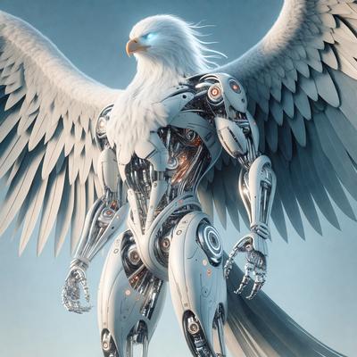The primary subject of the image is a futuristic robotic bird, which appears to be a mix of a bird and a robot. The robotic bird is the main focus of the image, and it is set against a blue background. The visual style of the image is digital art, as it is a computer-generated image. The dominant colors in the image are blue and white, giving it a futuristic and technological appearance.